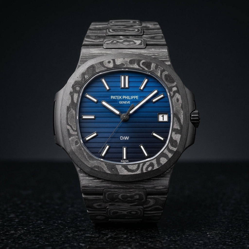 Carbon Sports Watch — Blue Gradient Dial — studio photograph on black granite