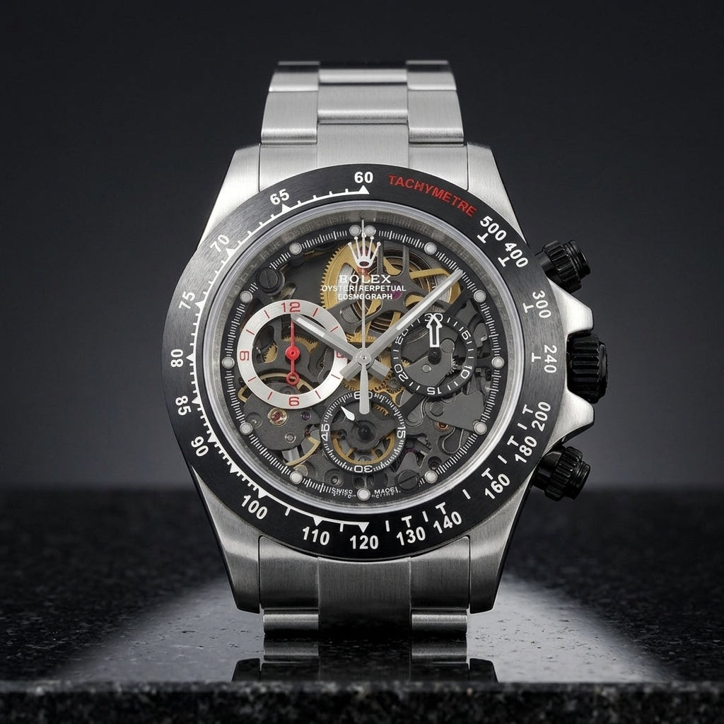 Steel skeleton chronograph with a black bezel on its steel bracelet, worn on the wrist below a dark suit cuff