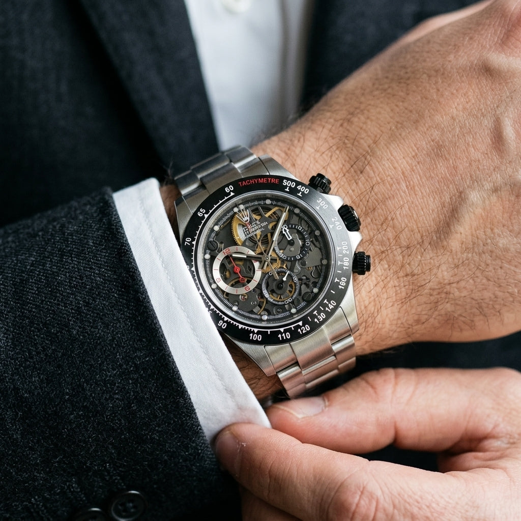 Steel skeleton chronograph with a black bezel and a red-printed silver counter on the wrist as a shirt cuff is fastened