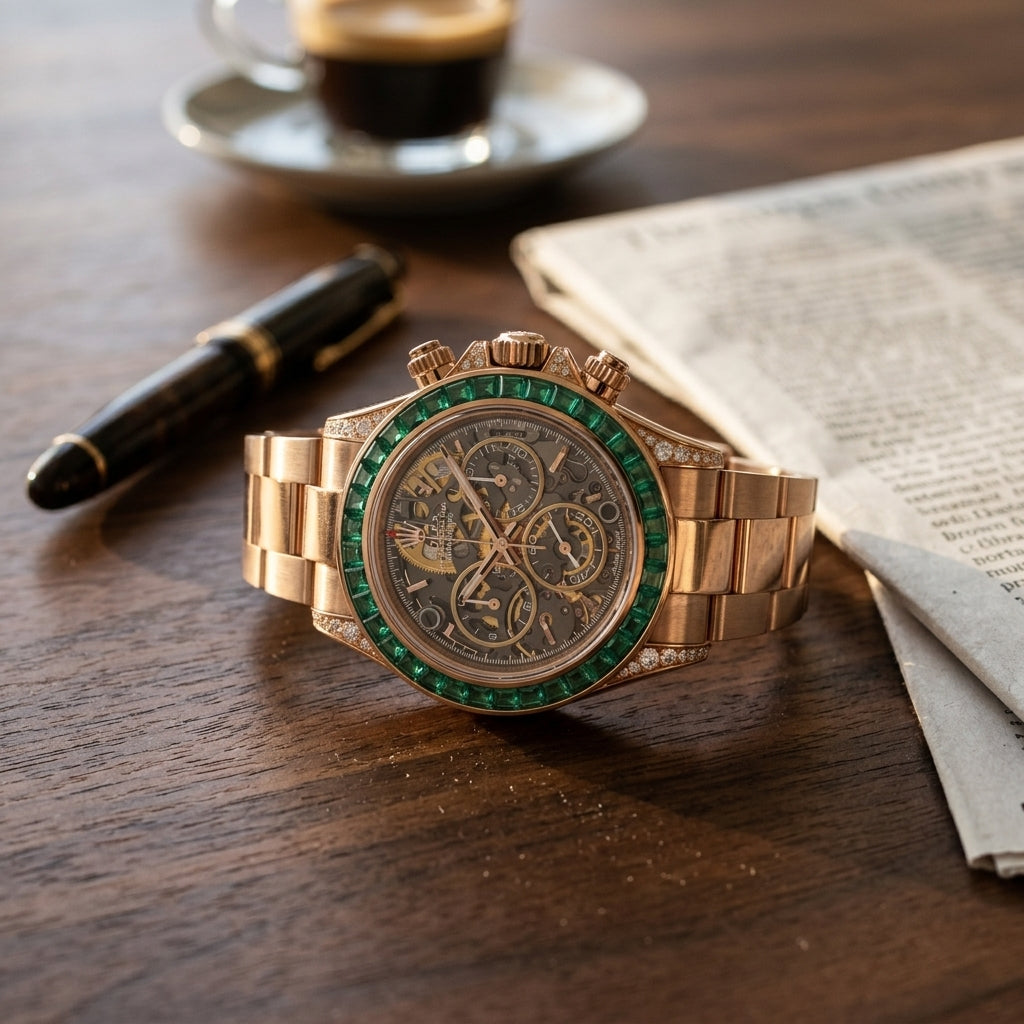 Rose gold skeleton chronograph with a green baguette bezel on a dark walnut desk beside a fountain pen