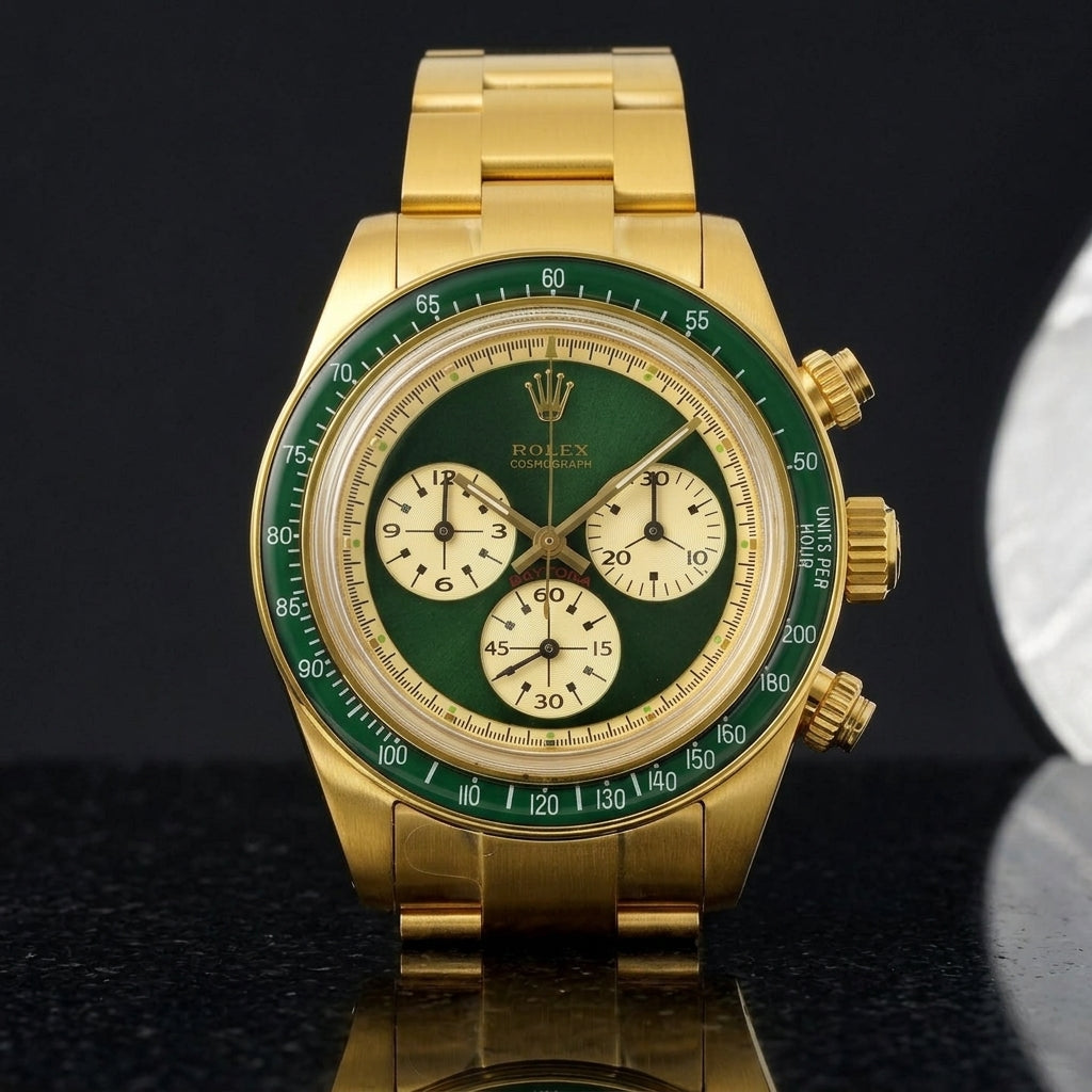 Yellow-gold chronograph with a green dial on its gold bracelet, worn on the wrist below a dark suit cuff