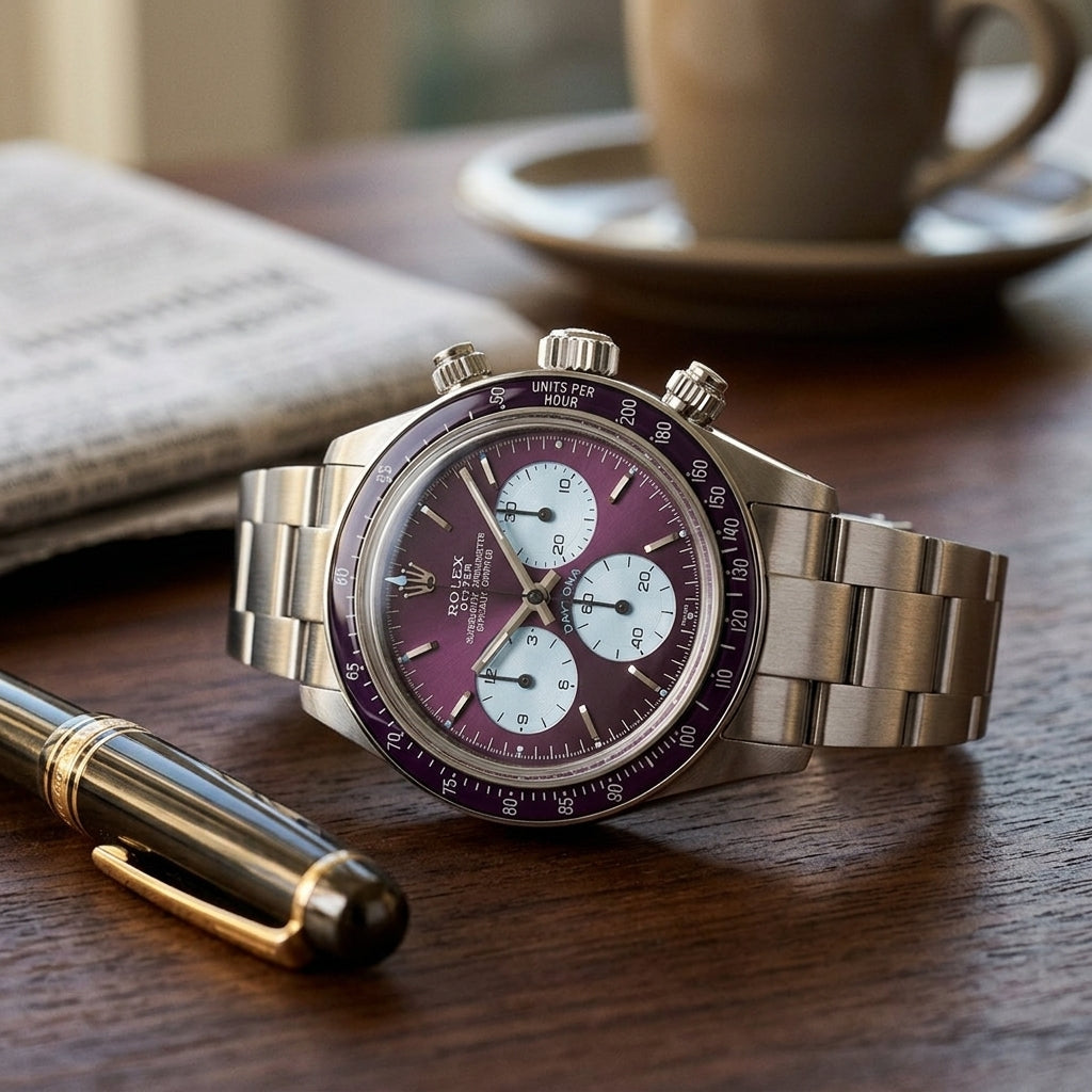 Steel chronograph with a plum dial and ice-blue counters on a dark walnut desk beside a fountain pen