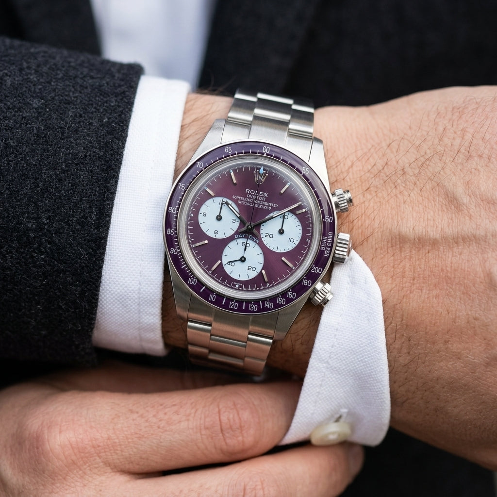 Steel chronograph with a plum bezel on the wrist as a shirt cuff is fastened