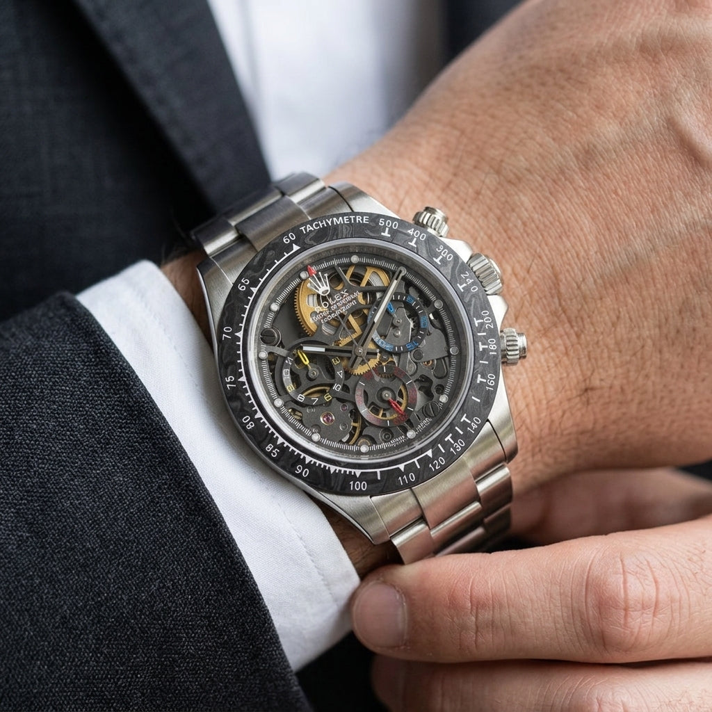 Steel skeleton chronograph with yellow, blue and red counters on the wrist as a shirt cuff is fastened