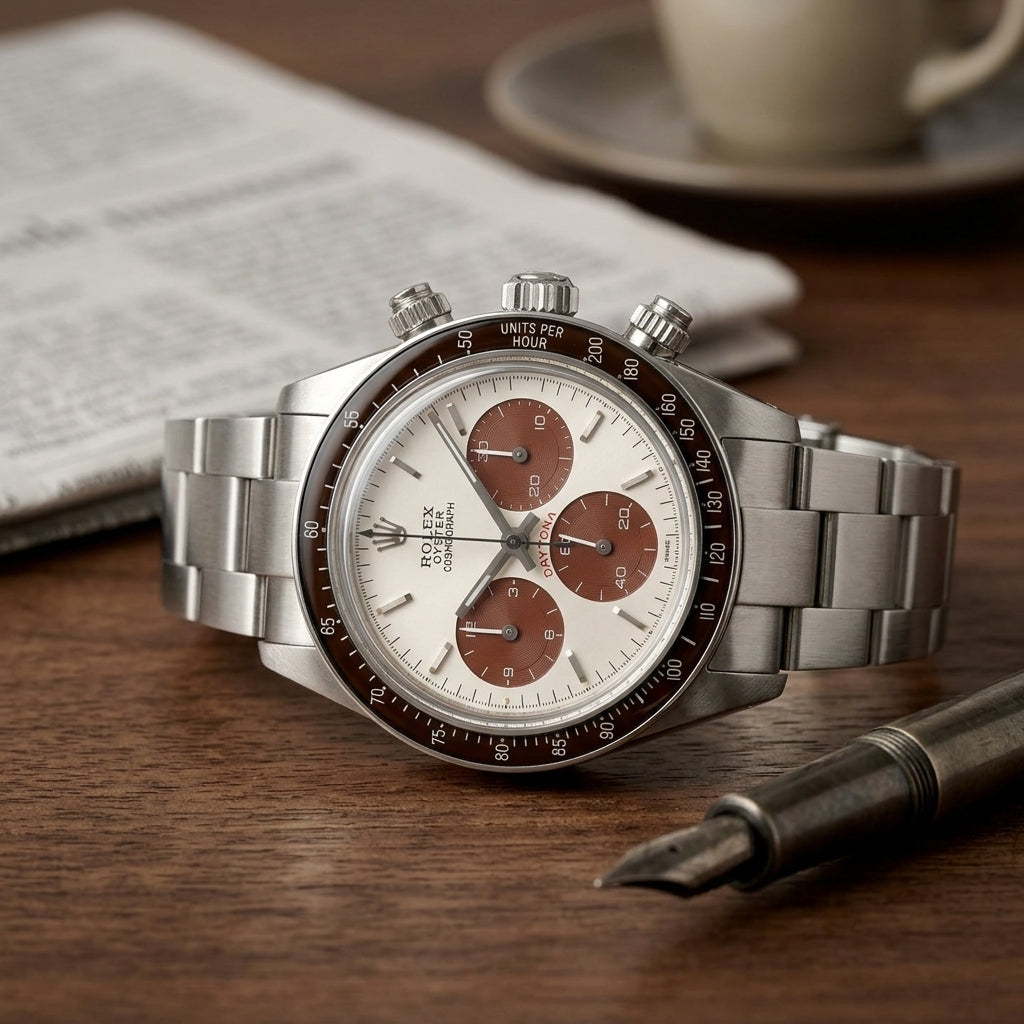 Steel chronograph with a white dial and brown counters on a dark walnut desk beside a fountain pen