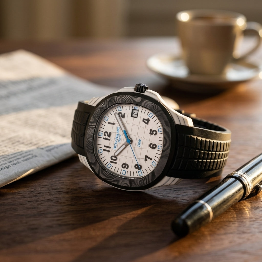 White carbon grid-dial watch with a black bezel and a black rubber strap on a dark walnut desk beside a fountain pen