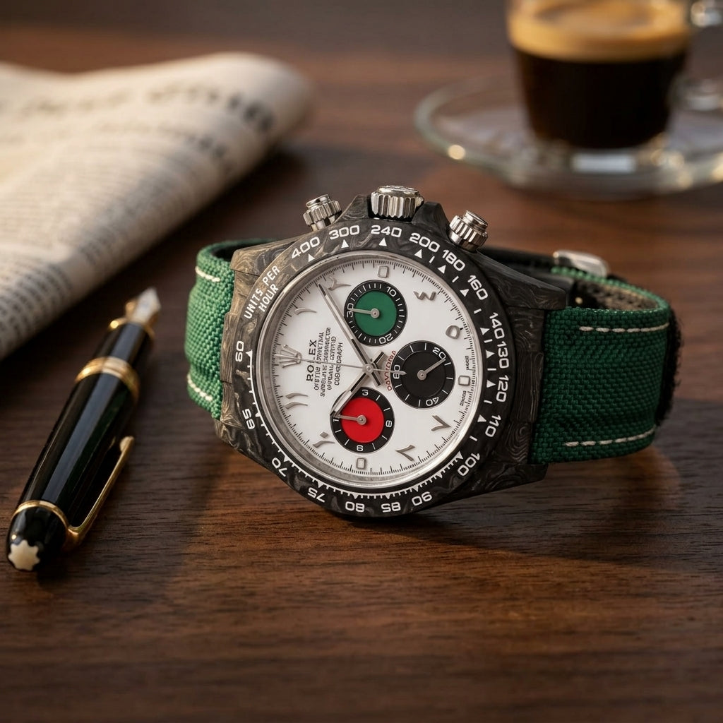 Forged-carbon chronograph with a white dial and Arabic numerals on a dark walnut desk beside a fountain pen