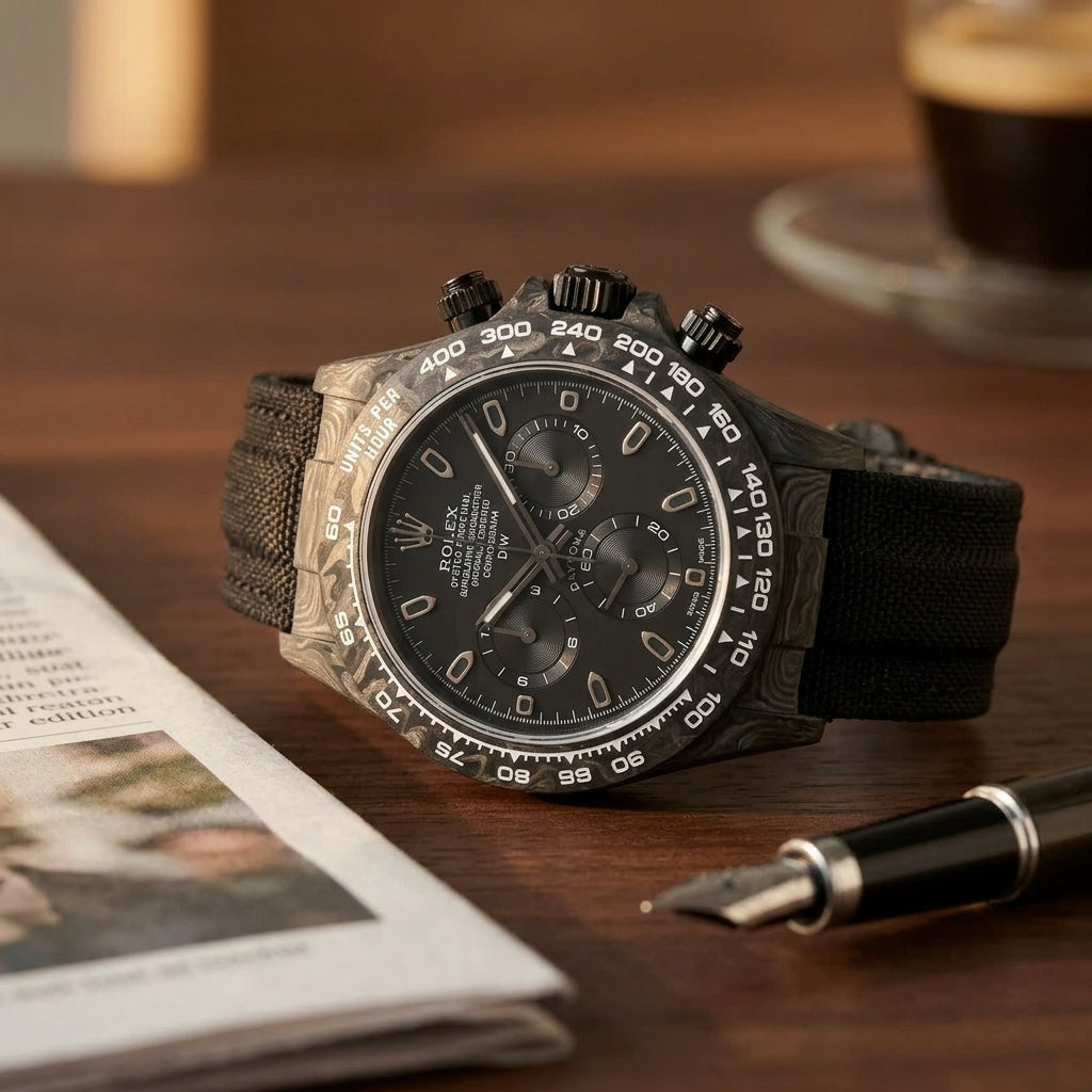 All-black forged-carbon chronograph on a dark walnut desk beside a fountain pen