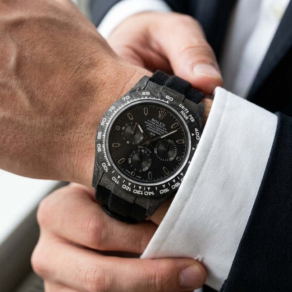 All-black forged-carbon chronograph on the wrist as a shirt cuff is fastened