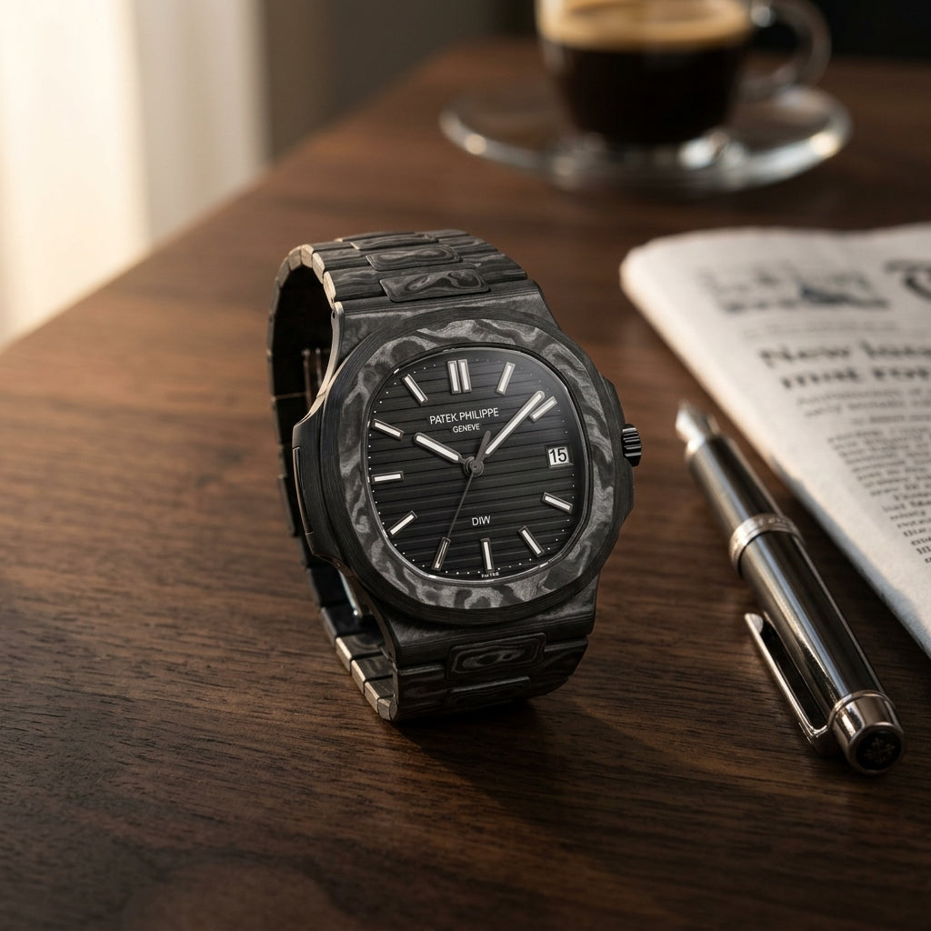 All black forged carbon sports watch on a dark walnut desk beside a fountain pen