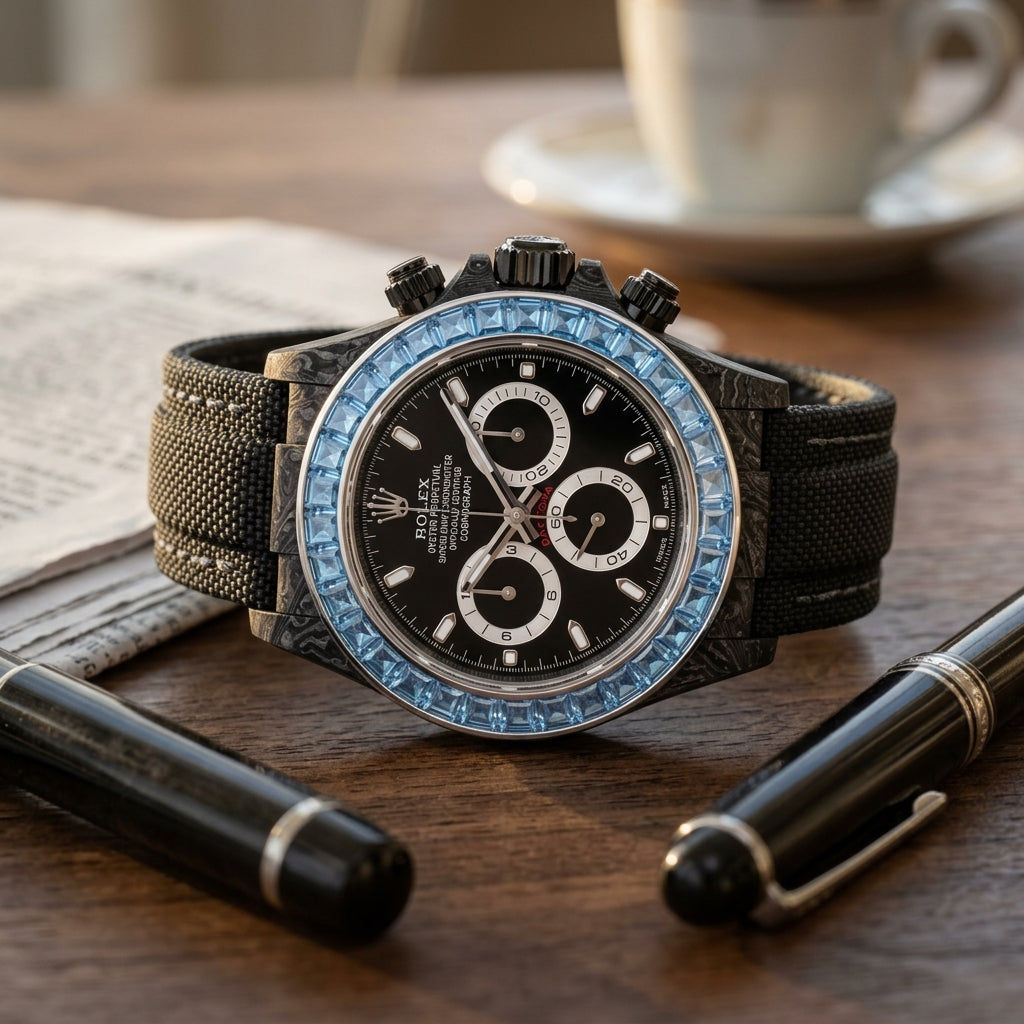 Black forged-carbon chronograph with a sky-blue stone bezel and a black dial on a dark walnut desk beside a fountain pen