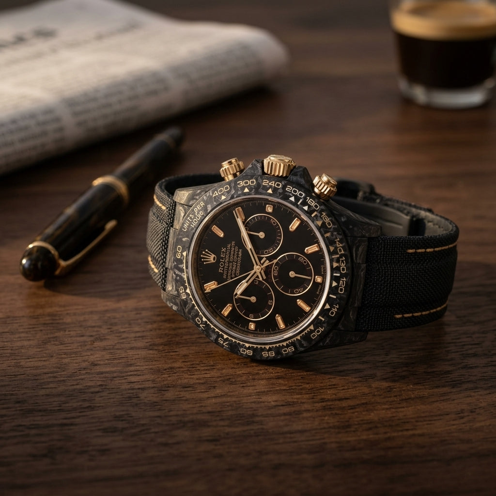 Black forged carbon chronograph with champagne baguette stone markers and a gold tachymeter scale on a dark walnut desk beside a fountain pen