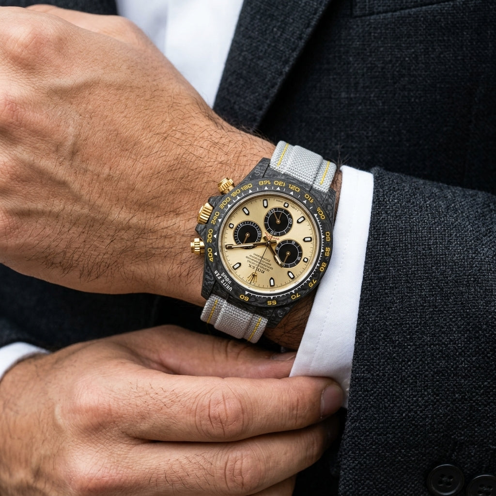 Black forged carbon chronograph with a champagne dial and a yellow tachymeter scale on the wrist as a shirt cuff is fastened
