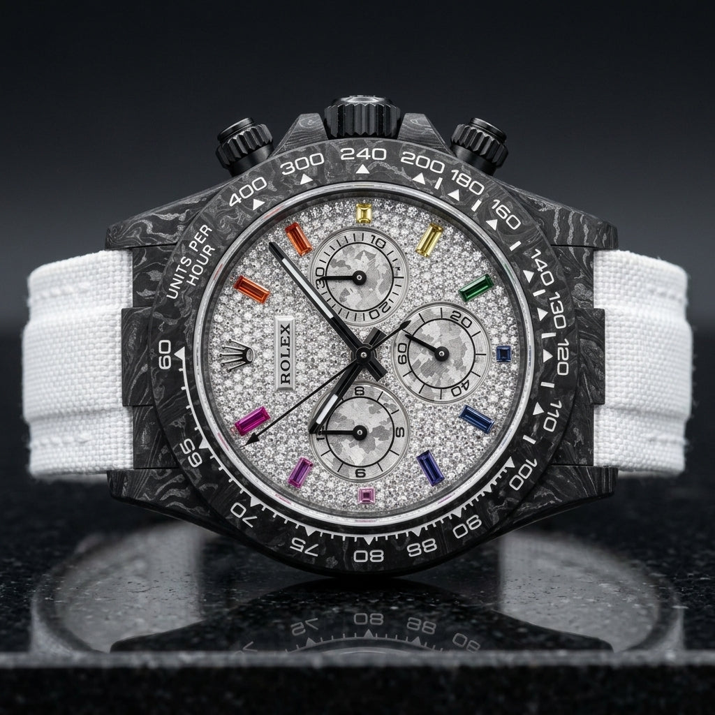 Carbon chronograph with a white pavé dial on its white woven strap, worn on the wrist below a navy suit cuff and white shirt