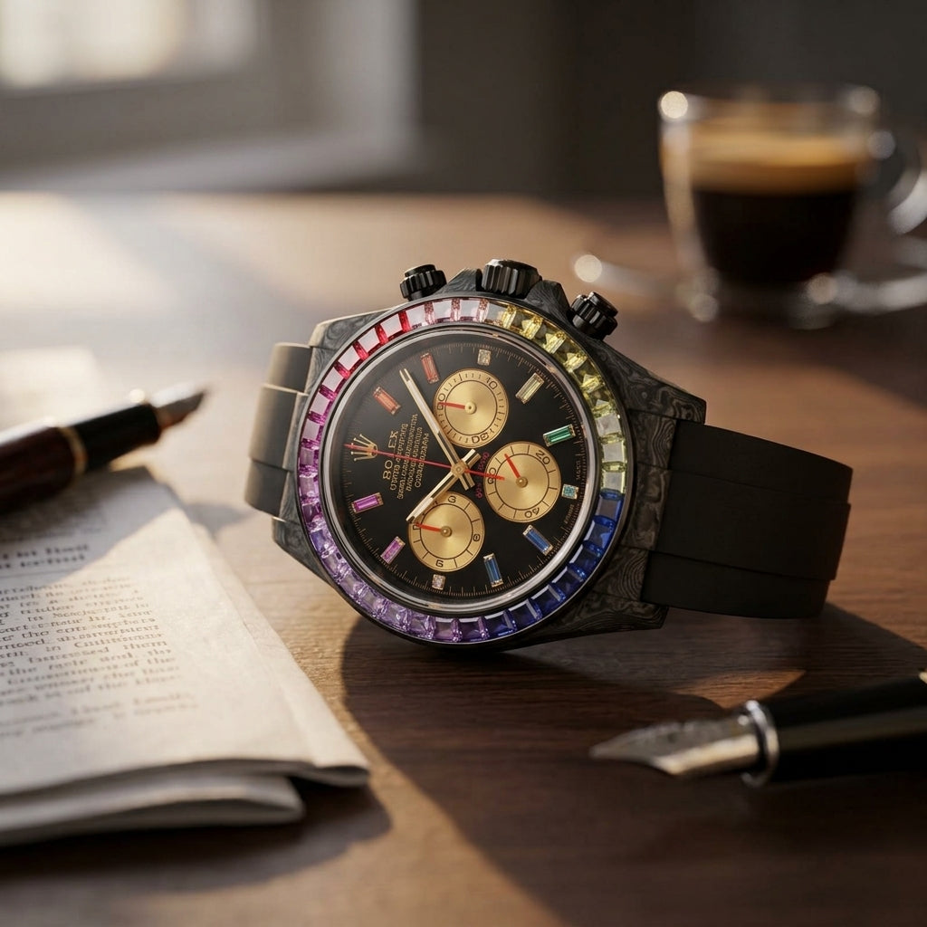 Forged carbon chronograph with a rainbow bezel and gold leaf counters on a dark walnut desk beside a fountain pen
