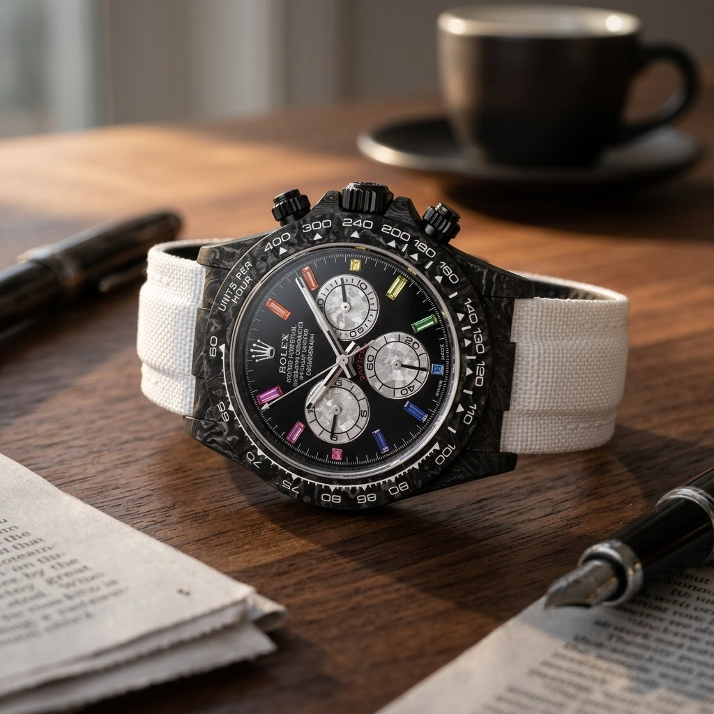 Forged carbon chronograph with a carbon bezel and a black dial with rainbow stone markers on a dark walnut desk beside a fountain pen