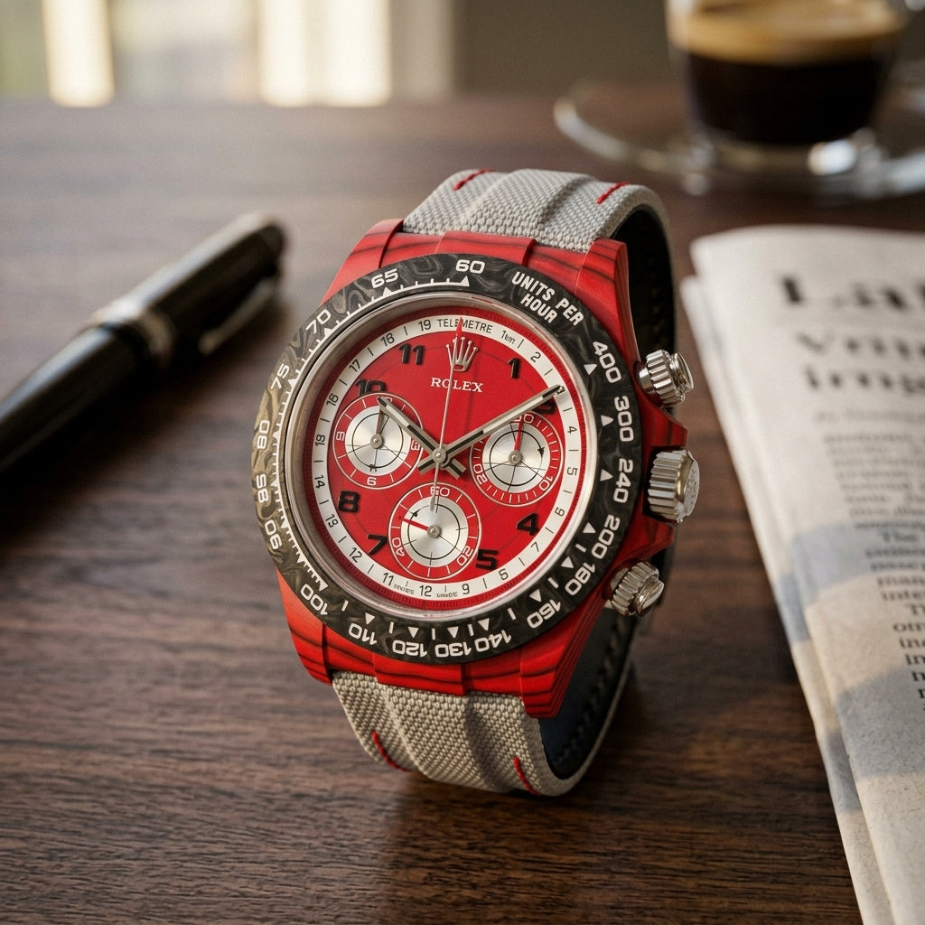 Red forged carbon chronograph with a red telemetre dial and silver counters on a dark walnut desk beside a fountain pen