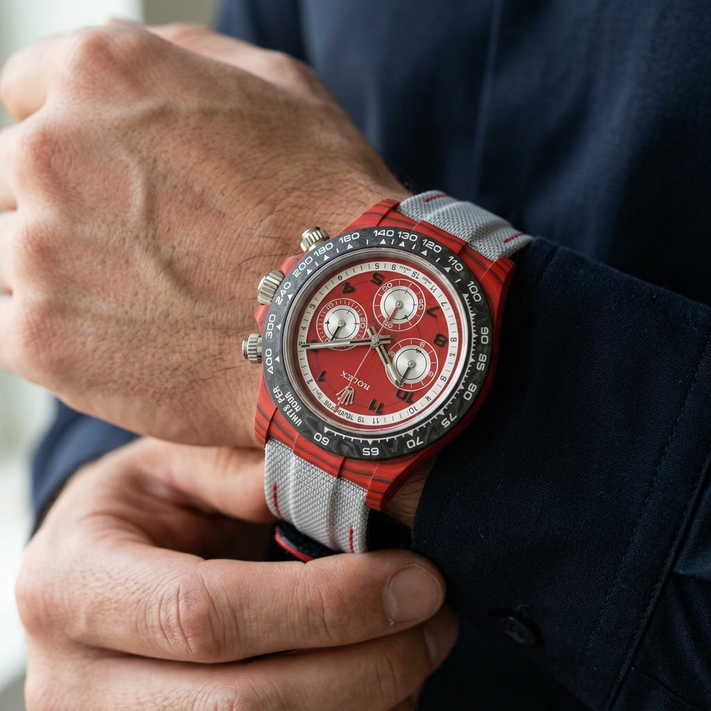 Red forged carbon chronograph with a red telemetre dial and silver counters on the wrist as a shirt cuff is fastened