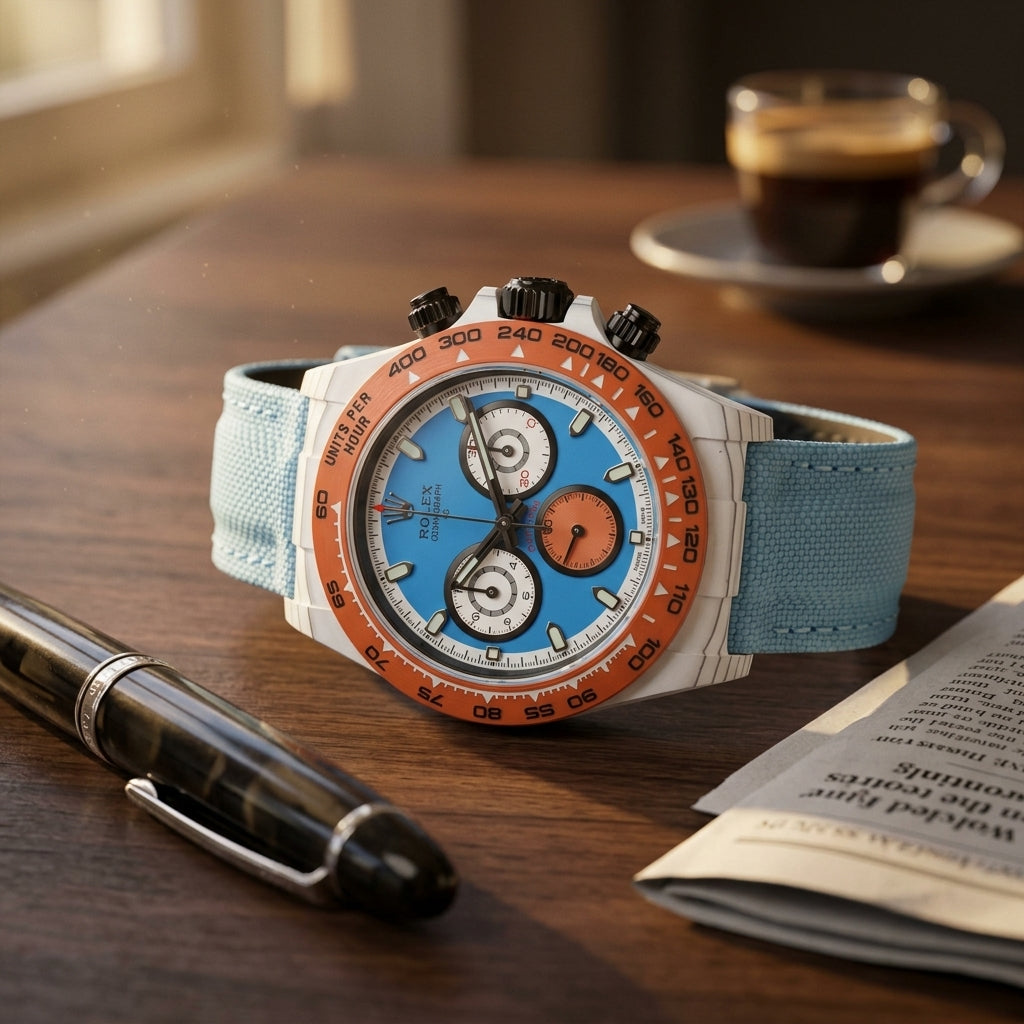 White forged carbon chronograph with an orange bezel and a sky-blue dial on a dark walnut desk beside a fountain pen