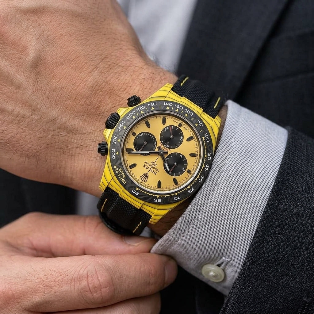 Yellow forged carbon chronograph with a yellow dial and black counters on the wrist as a shirt cuff is fastened