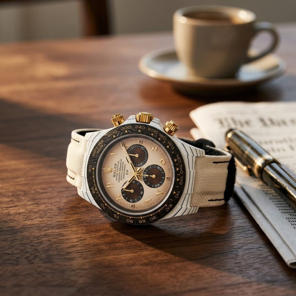 White carbon chronograph with a cream dial and gold Eastern Arabic numerals on a dark walnut desk beside a fountain pen