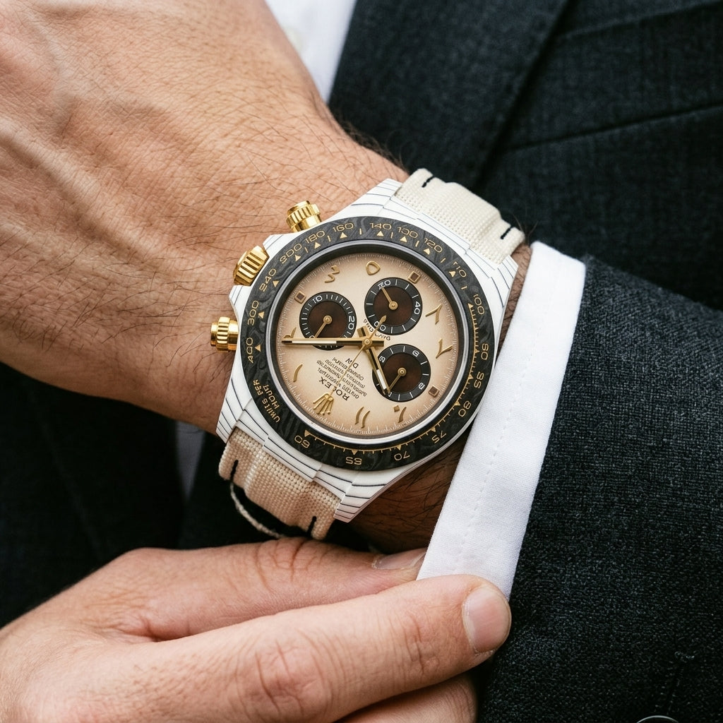 White carbon chronograph with a cream dial and black carbon bezel on the wrist as a shirt cuff is fastened