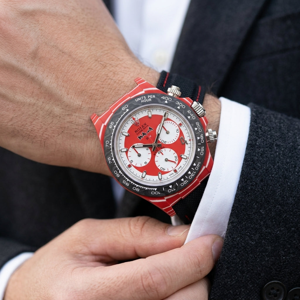Red carbon chronograph with a red-and-white dial on the wrist as a shirt cuff is fastened