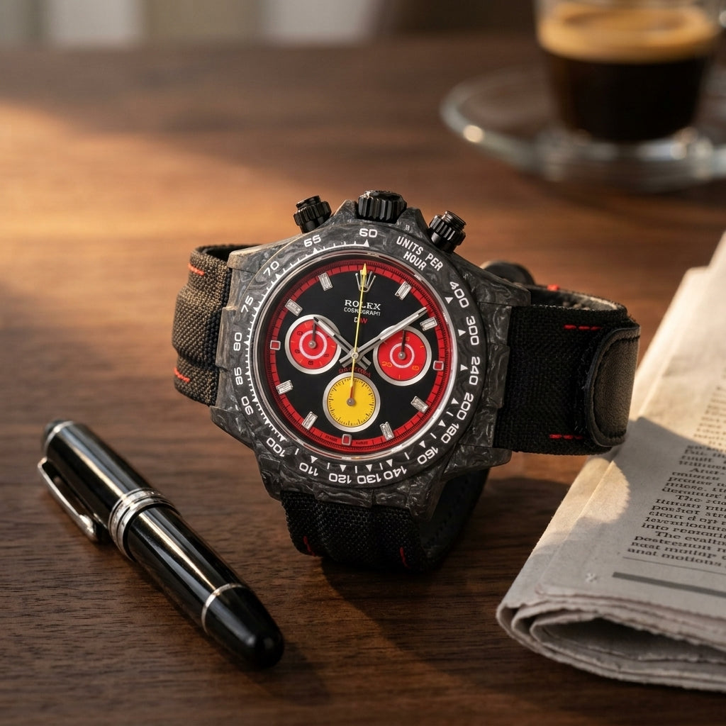 Forged carbon racing chronograph with a red dial and yellow counter on a dark walnut desk beside a fountain pen