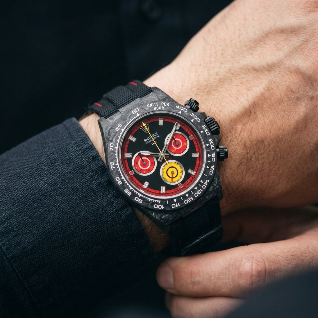 Forged carbon racing chronograph with a red dial and yellow counter on the wrist as a shirt cuff is fastened