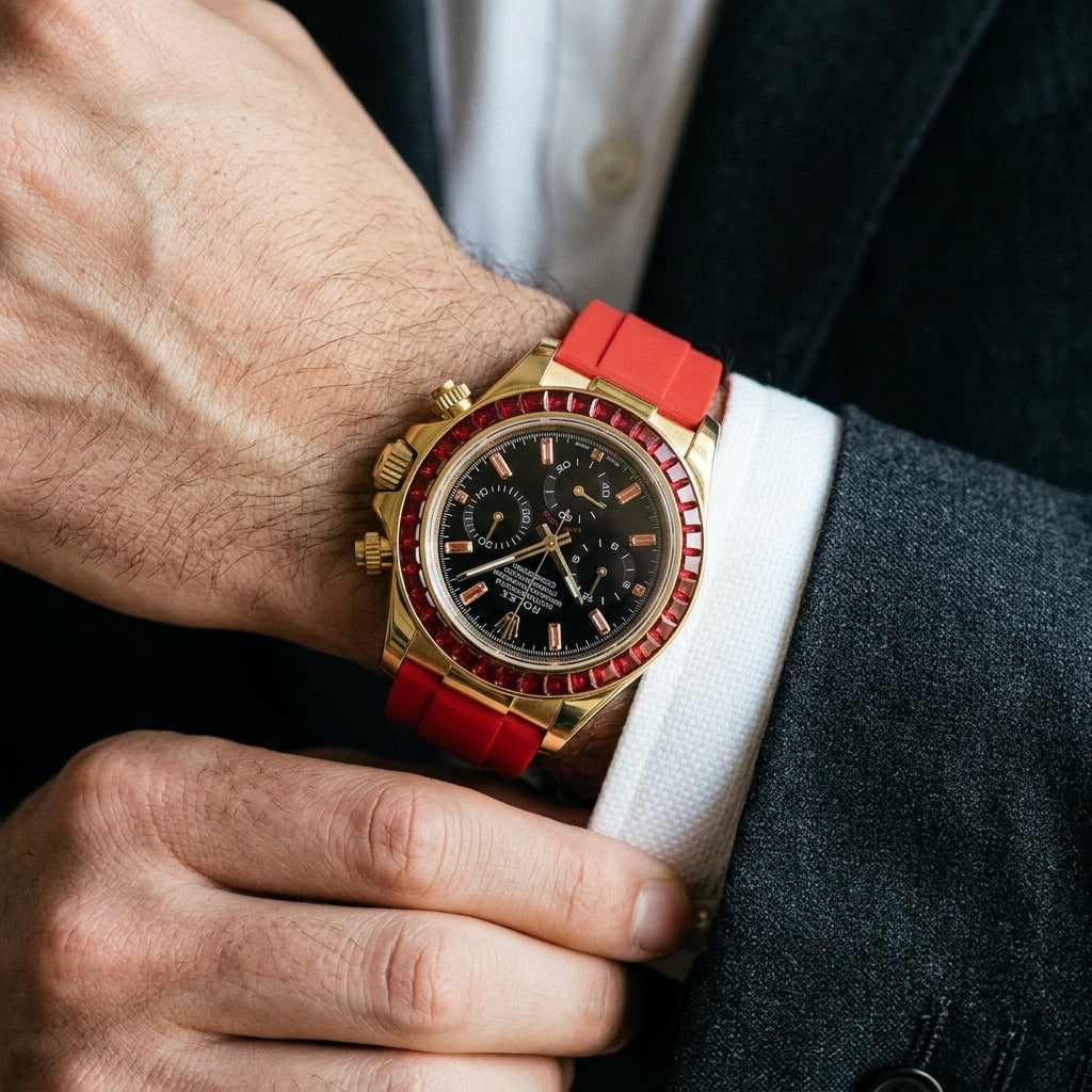 Gold-tone chronograph with a red stone bezel and a black dial on the wrist below a dark suit sleeve and a white shirt cuff