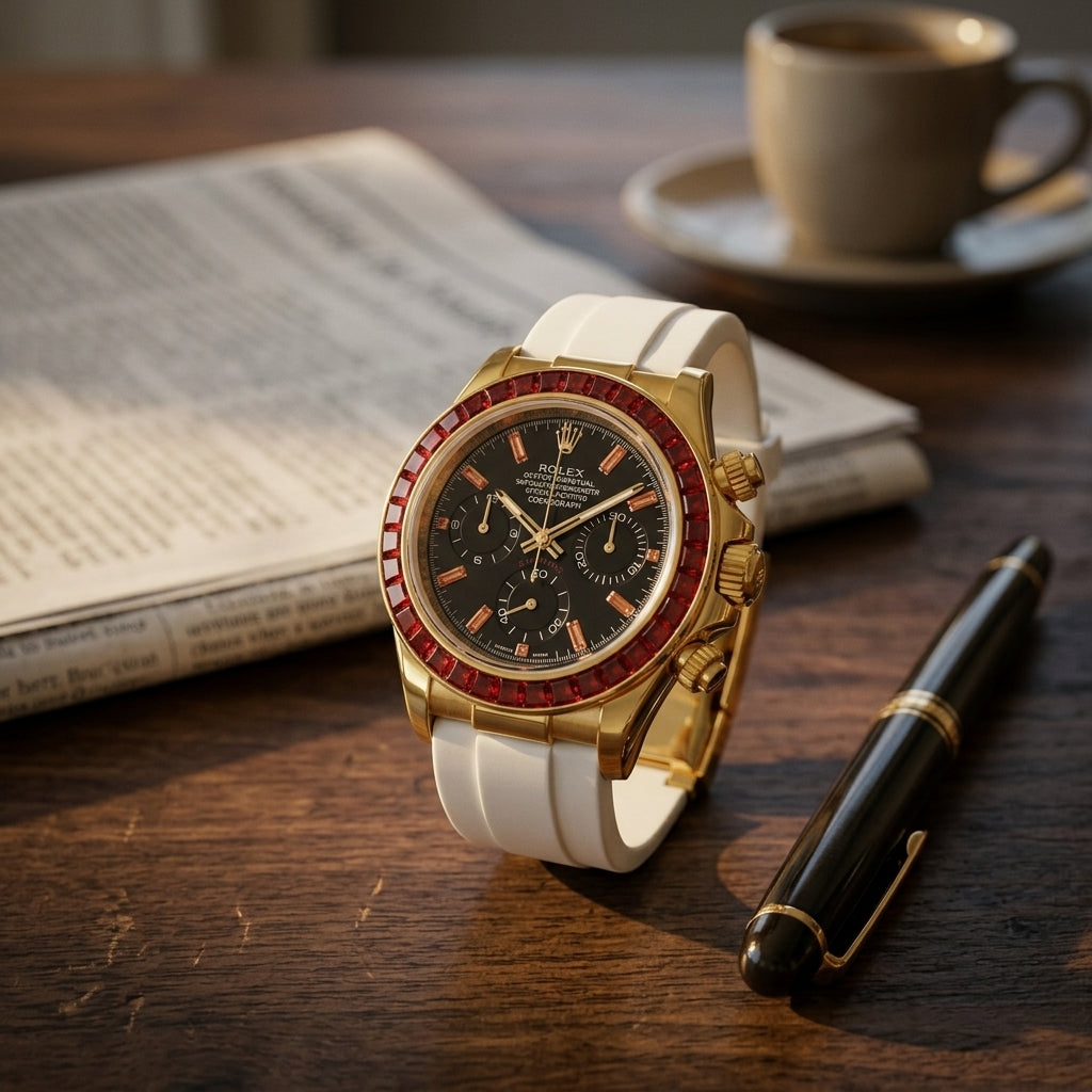 Gold-tone chronograph with a red stone bezel and a white rubber strap on a dark walnut desk beside a fountain pen