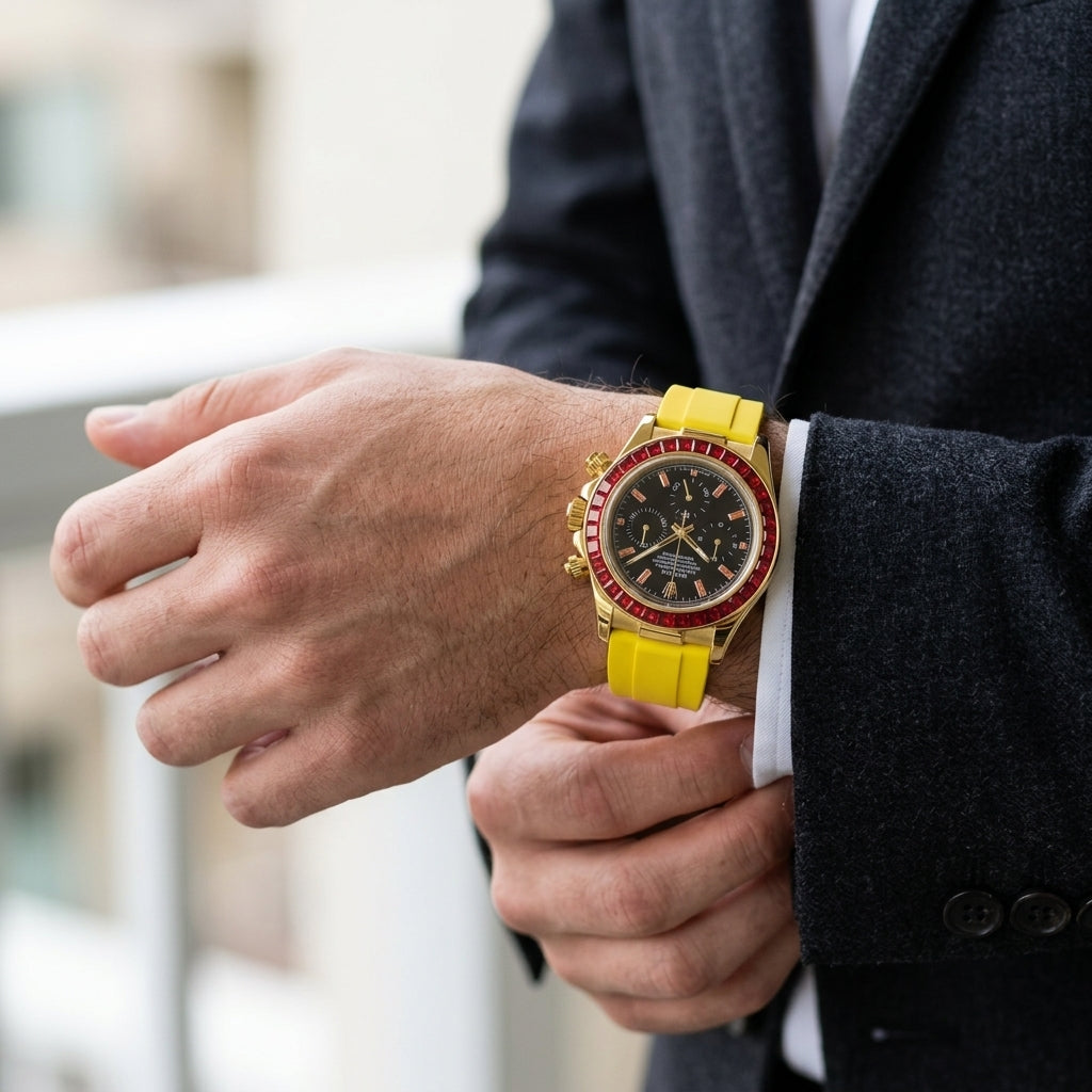 Gold-tone chronograph with a red stone bezel and a black dial on the wrist as a shirt cuff is fastened