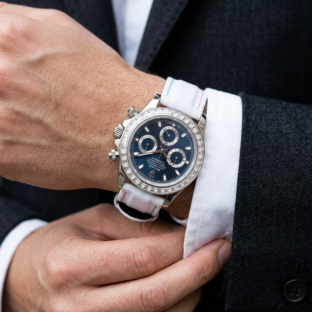 Steel chronograph with a blue dial on its white canvas strap, on the wrist below a dark suit sleeve as a white shirt cuff is fastened