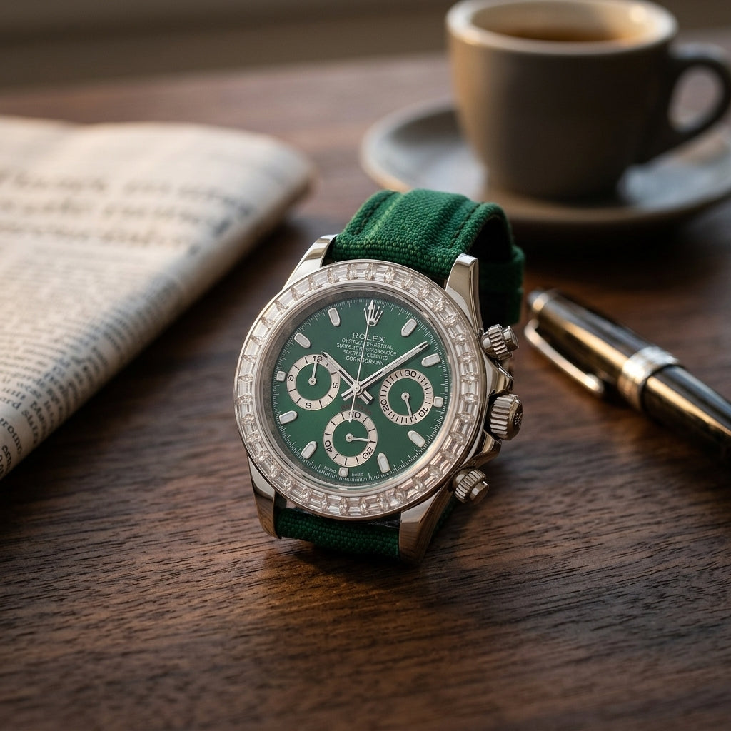Steel chronograph with a deep green dial and clear baguette stones on a dark walnut desk beside a fountain pen