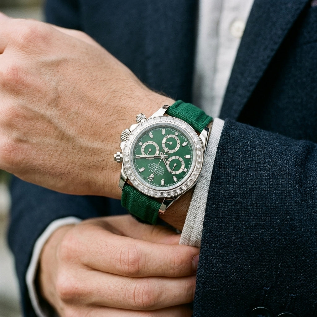 Steel chronograph with a deep green dial on the wrist below a dark suit sleeve as the white shirt cuff is fastened
