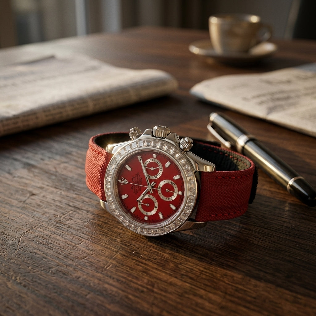 Steel chronograph with a cherry-red dial and a clear stone bezel on a dark walnut desk beside a fountain pen