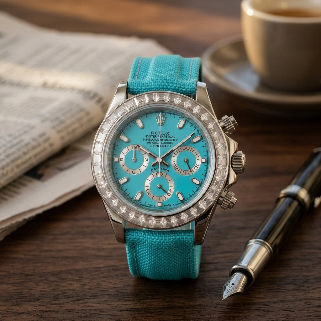 Steel chronograph with a turquoise dial and a clear stone bezel on a dark walnut desk beside a fountain pen