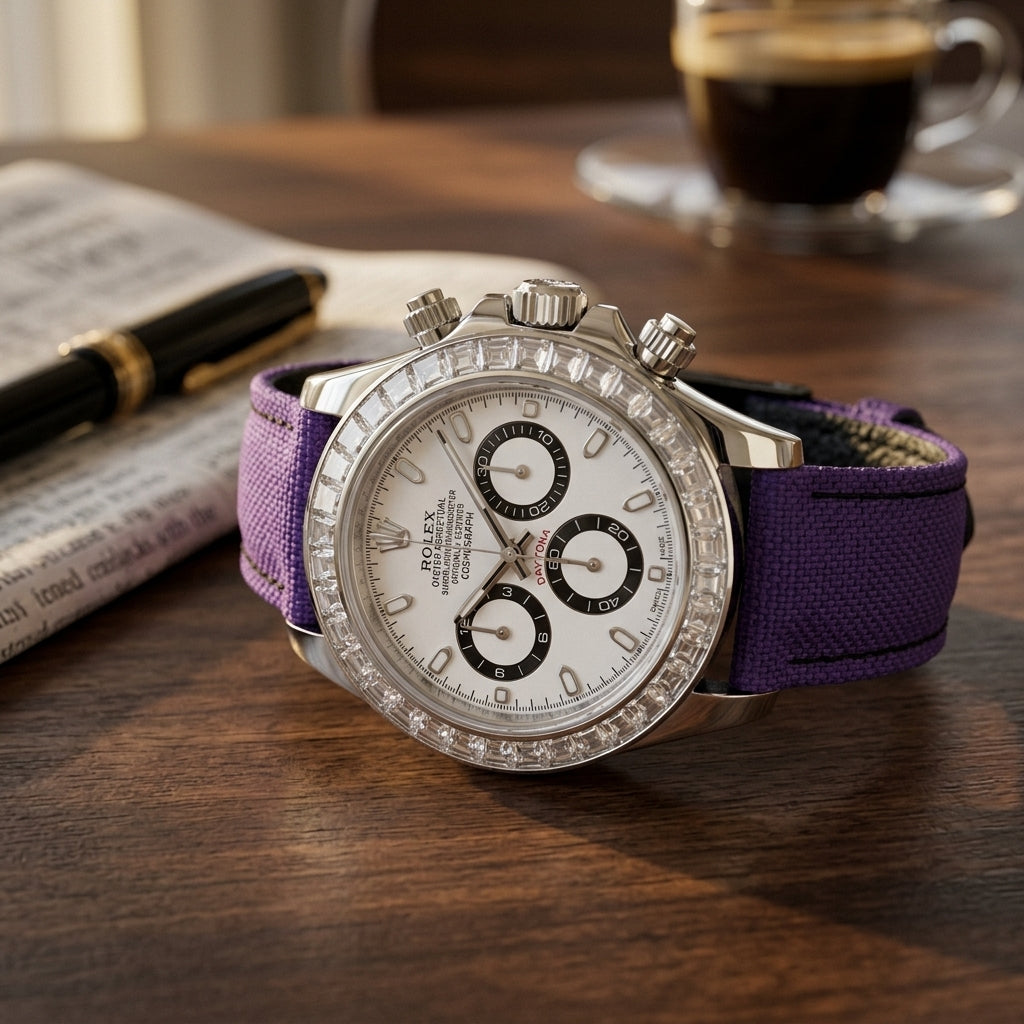 Steel chronograph with a white dial and a clear stone bezel on a dark walnut desk beside a fountain pen