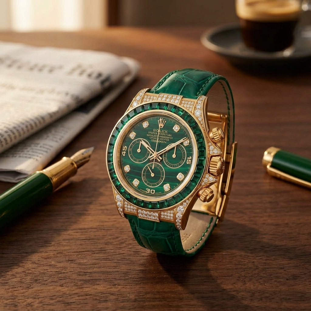 Gold chronograph with a green stone dial and an emerald bezel on a dark walnut desk beside a fountain pen