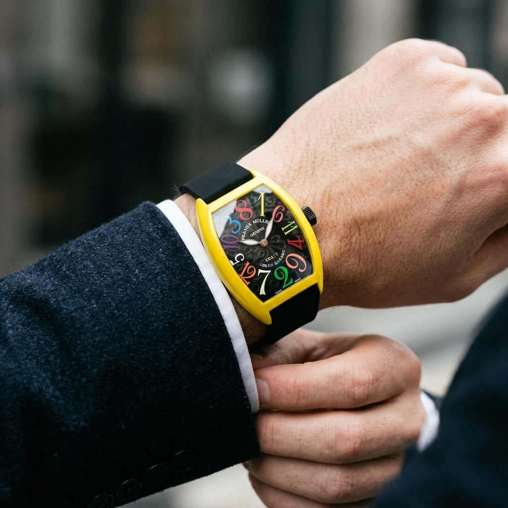 Yellow curved tonneau watch with a black dial and coloured numerals on the wrist as a shirt cuff is fastened