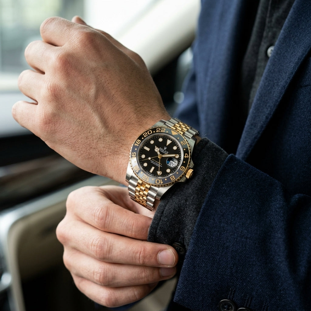 Two-tone rose gold and steel GMT watch on the wrist as a shirt cuff is fastened