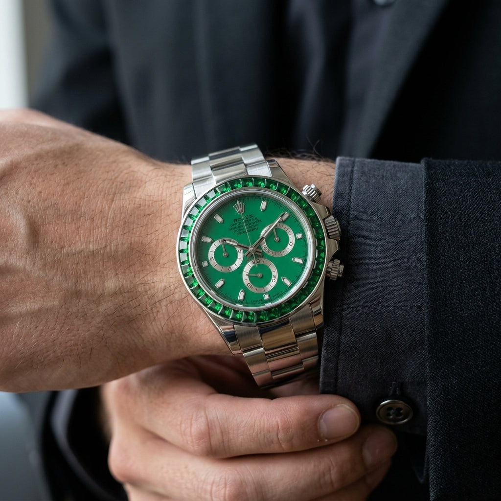 Steel chronograph with a flat emerald dial and a matched green stone bezel on the wrist as a shirt cuff is fastened