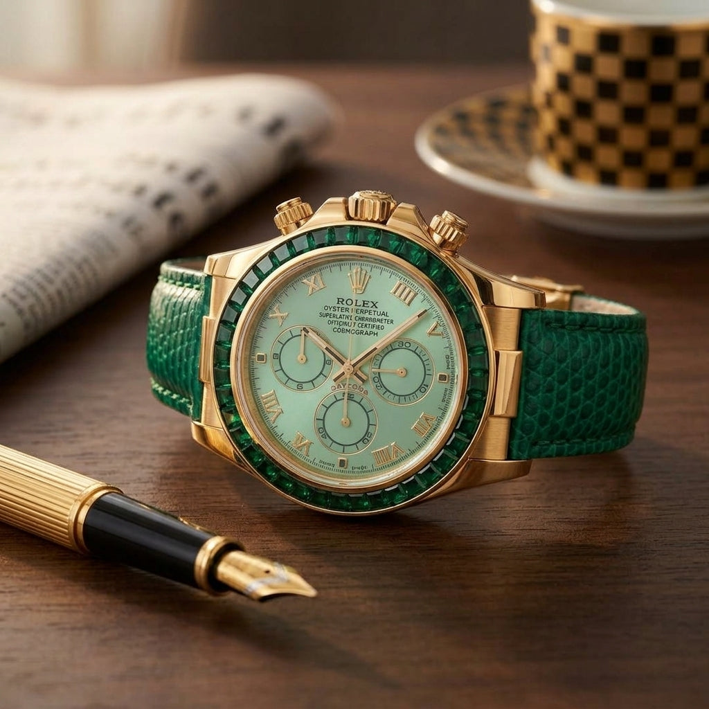 Gold-tone chronograph with a pale green Roman dial and a green stone bezel on a dark walnut desk beside a fountain pen