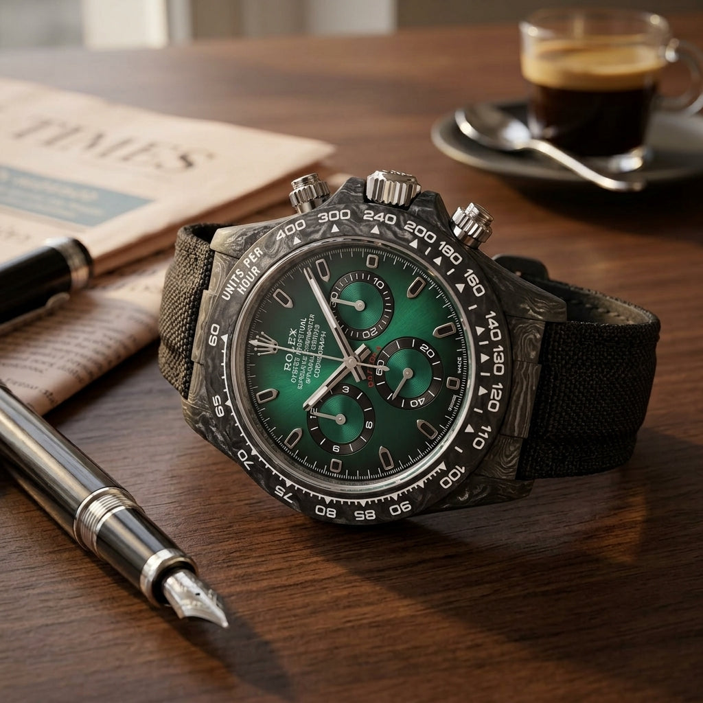 Forged-carbon chronograph with a green sun-brushed dial on a dark walnut desk beside a fountain pen