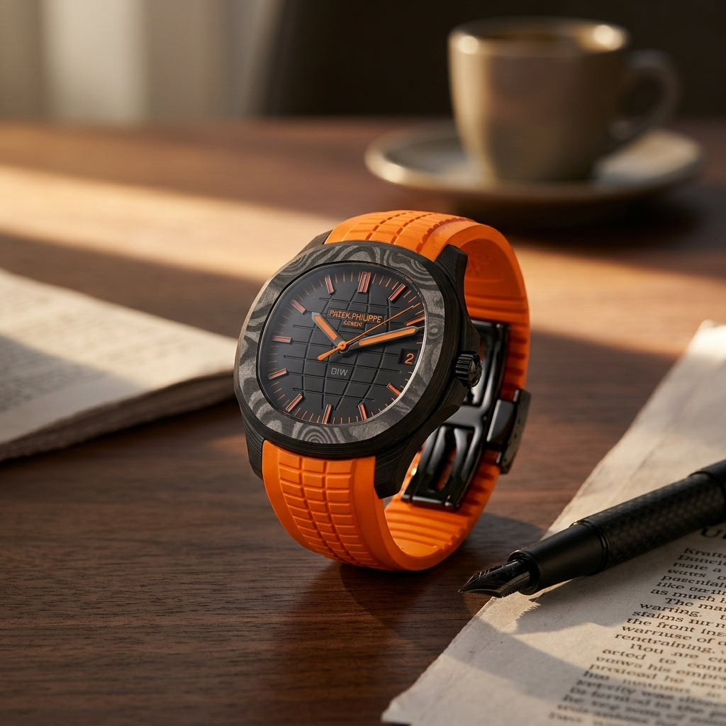 Black forged-carbon grid-dial watch with orange details on a dark walnut desk beside a fountain pen
