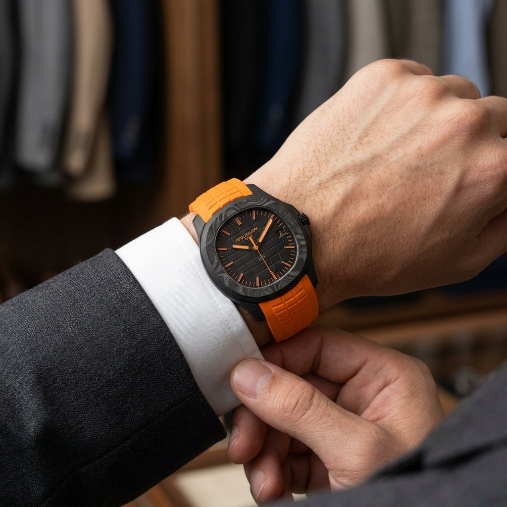 Black forged-carbon grid-dial watch with orange details on the wrist as a shirt cuff is fastened