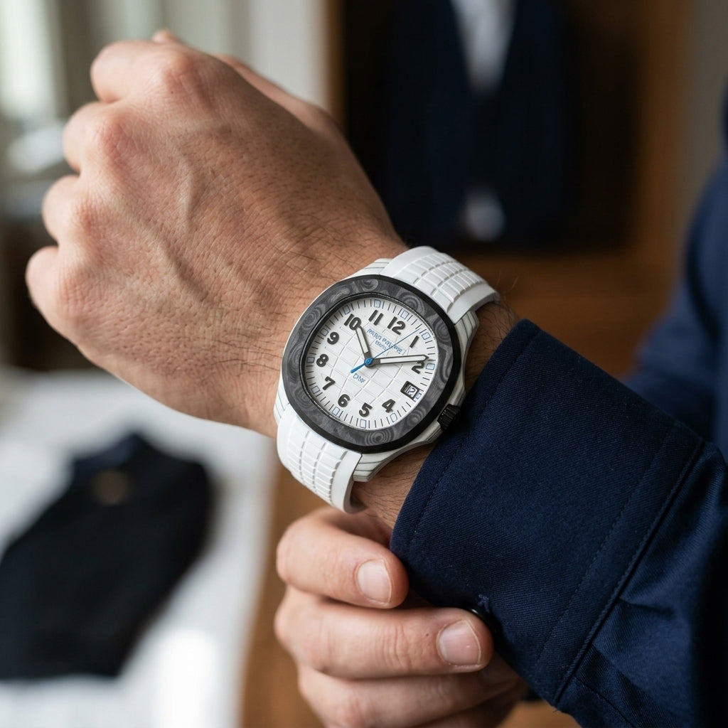 White carbon grid-dial watch with a black bezel and blue accents on the wrist as a shirt cuff is fastened