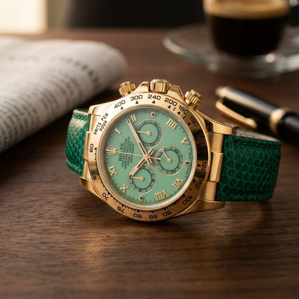Gold-tone chronograph with a pale green Roman dial and a tachymeter bezel on a dark walnut desk beside a fountain pen
