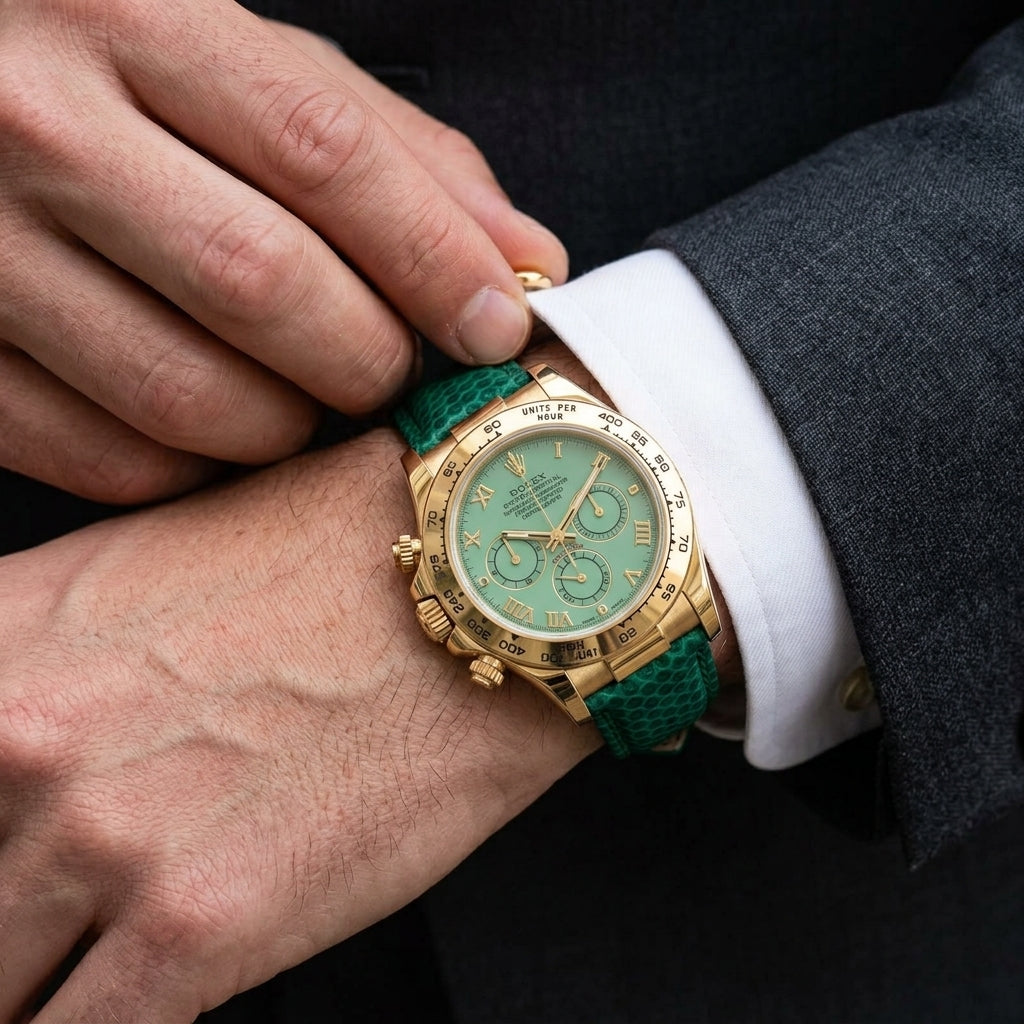 Gold-tone chronograph with a pale green dial and a deep green strap on the wrist as a shirt cuff is fastened