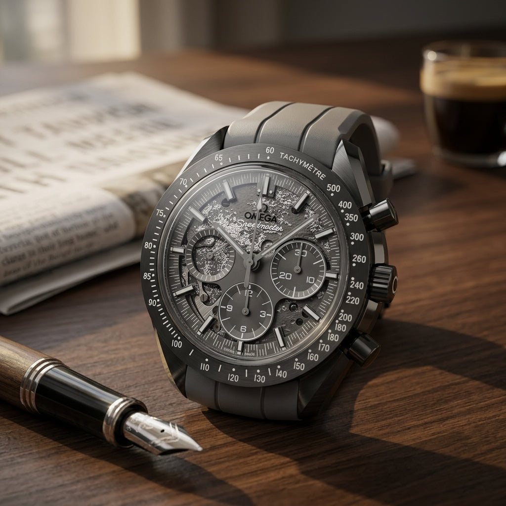 All-grey ceramic moon chronograph with a sparkling relief dial on a dark walnut desk beside a fountain pen